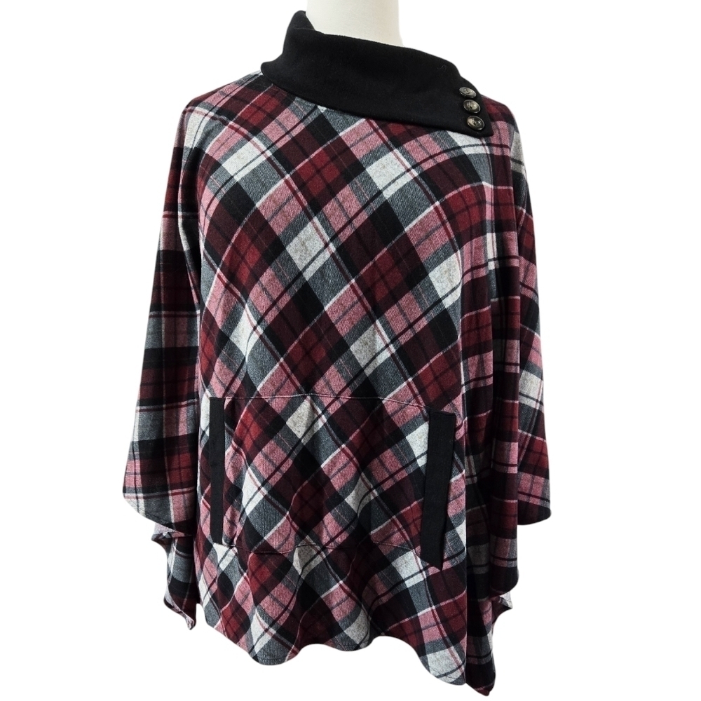 Modcloth Fervour Dark Red Gray Diagonal Plaid Cowl Neck Poncho With Armholes
